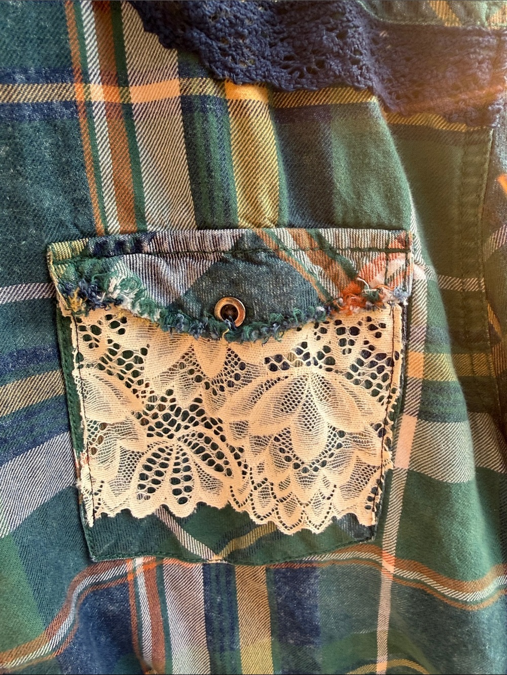 Thunder Brand Plaid Flannel Shirt with Lace and Denim Details - Picture 2 of 9